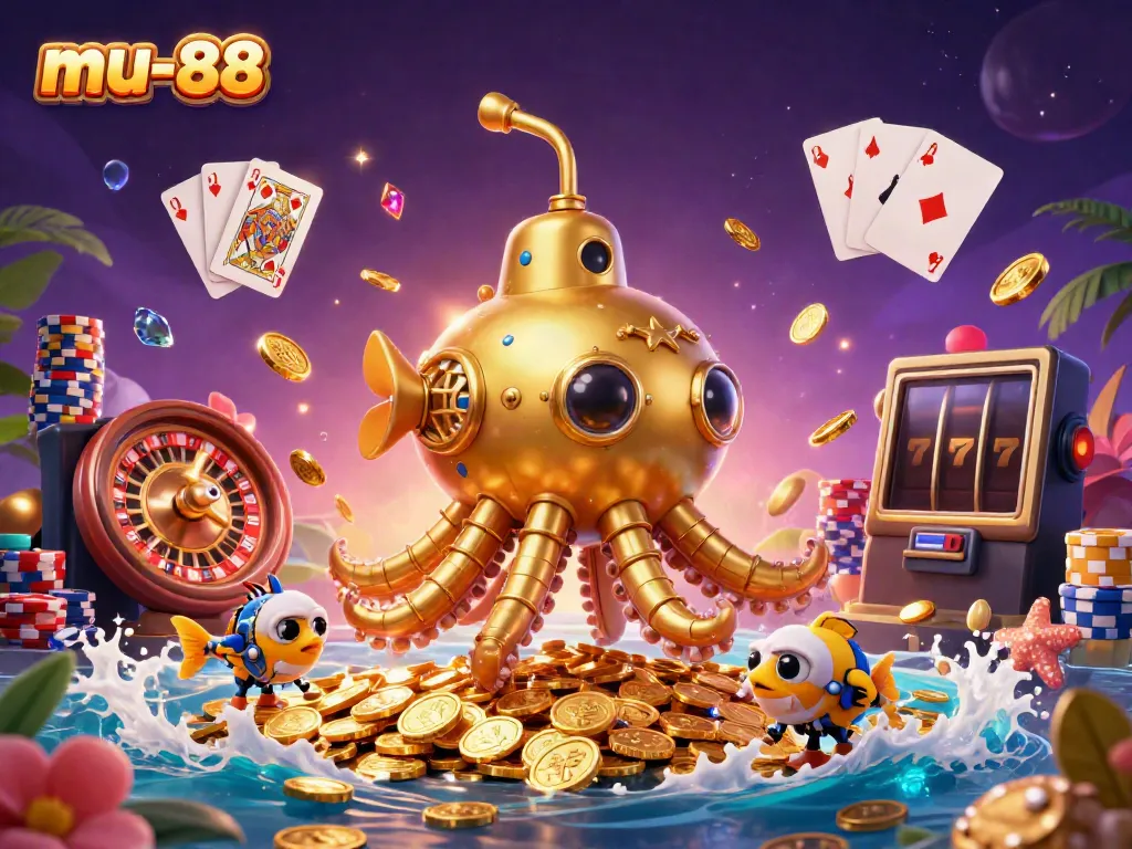 Experience the thrill of winning with mu-88 in this vibrant casino illustration of a golden kraken amidst coins.