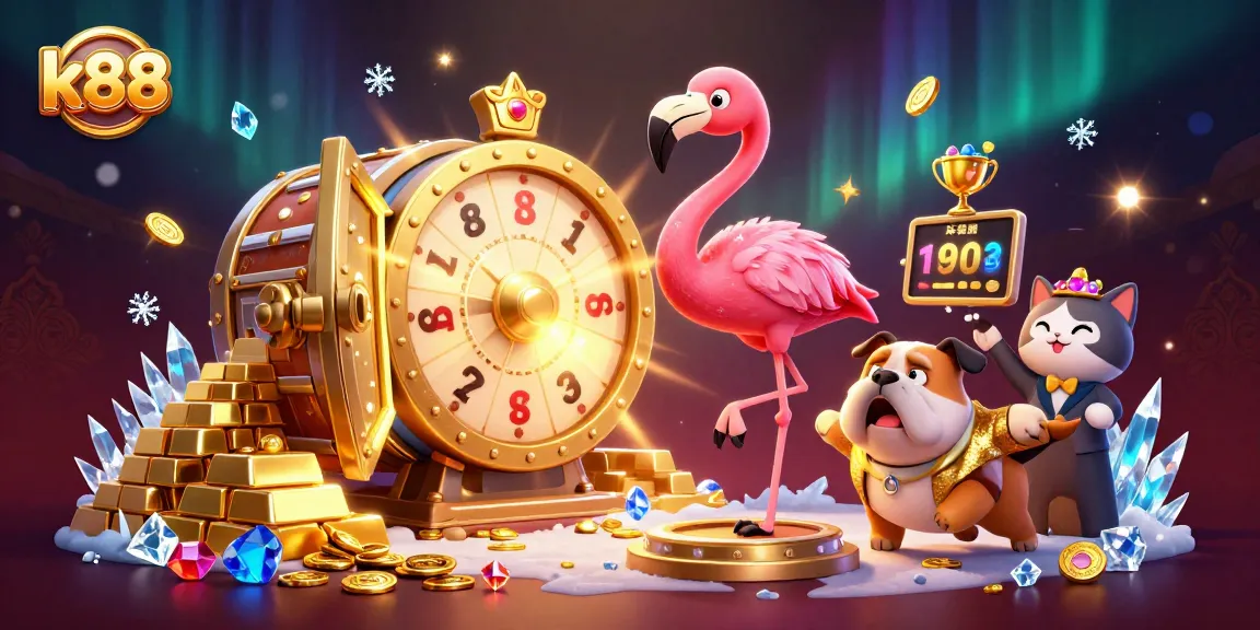 k88 players winning big at an exciting casino game show with gold prizes and vibrant details