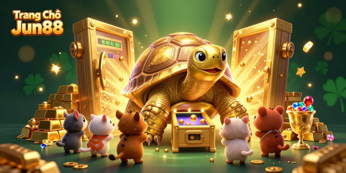 Play exciting games at Trang Chủ Jun88 with vibrant 3D illustration showcasing golden treasures and fun characters.