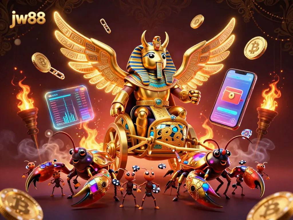 Experience the excitement of jw88 as the golden scarab rides a chariot in a vibrant casino scene.