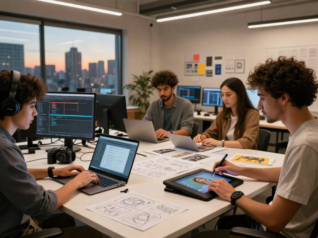 Team collaborating on nsfw ai digital content creation in a modern workspace with vibrant atmosphere.