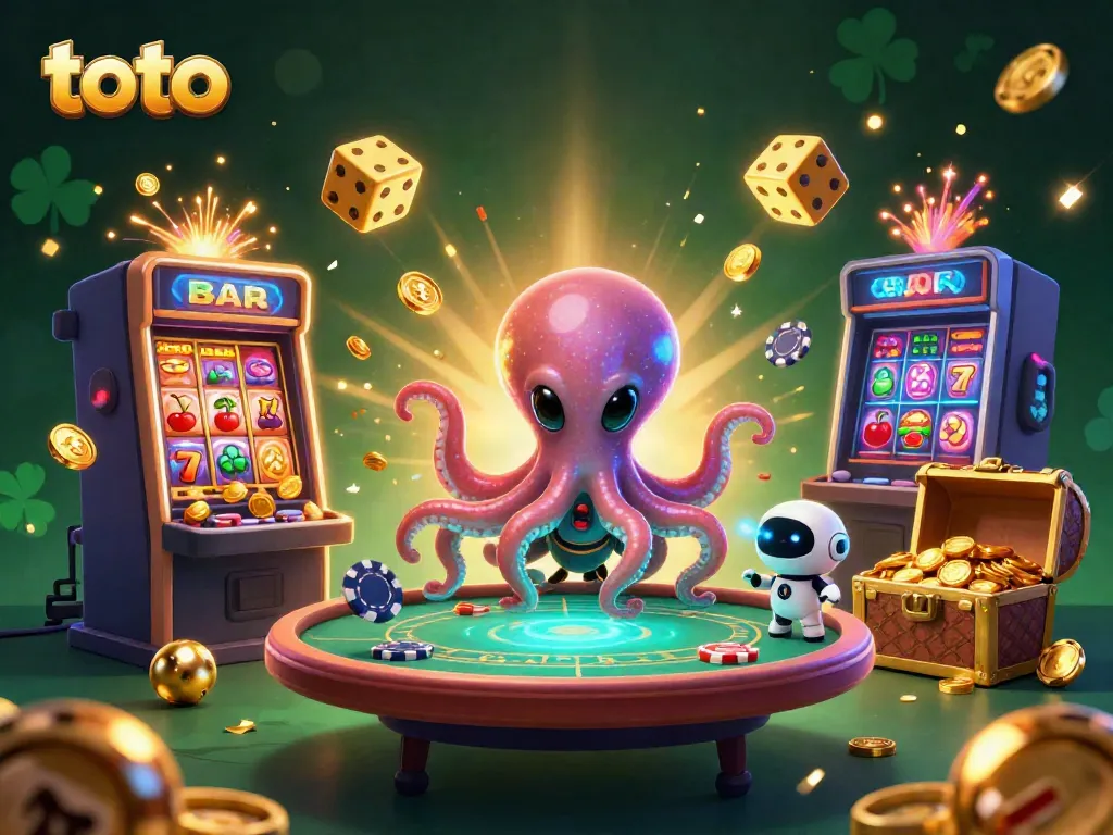 Engaging scene of an alien octopus operating a poker table in a vivid toto-themed casino environment.