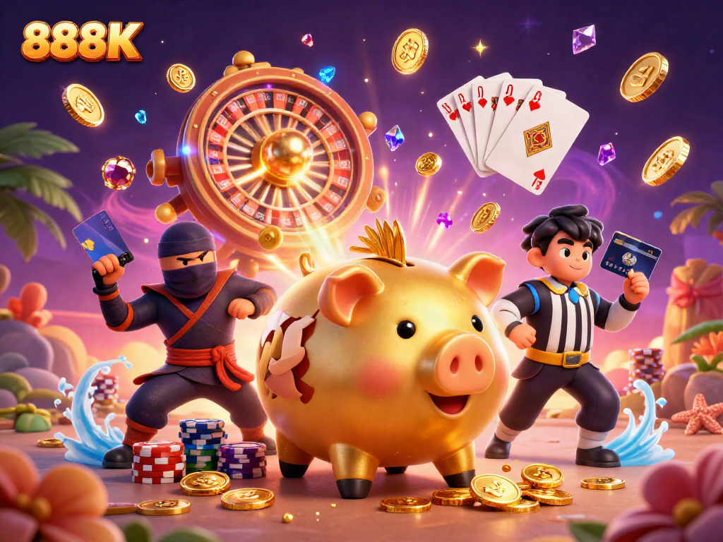 Engage in thrilling gameplay with 888K's vibrant casino scene featuring a golden piggy bank sumo wrestler.