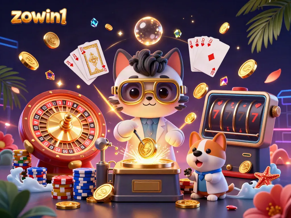 Experience gaming excitement at zowin1 with a vibrant 3D illustration featuring a dynamic scene of casino elements.