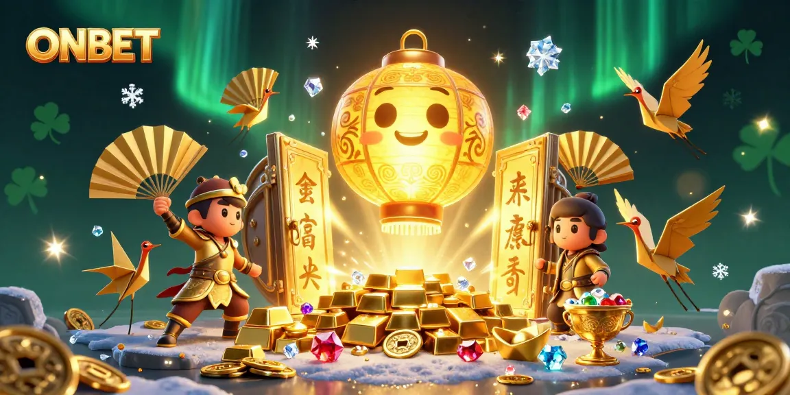 Engage with ONBET's dynamic gambling adventure featuring a glowing golden lantern spirit and treasure elements.