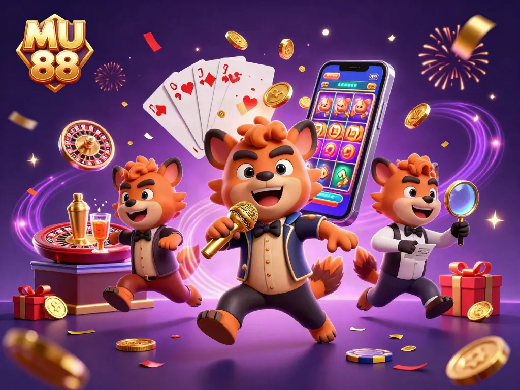Spin the reels with MU 88 as hyenas deliver comedy amidst colorful slot games and casino elements.