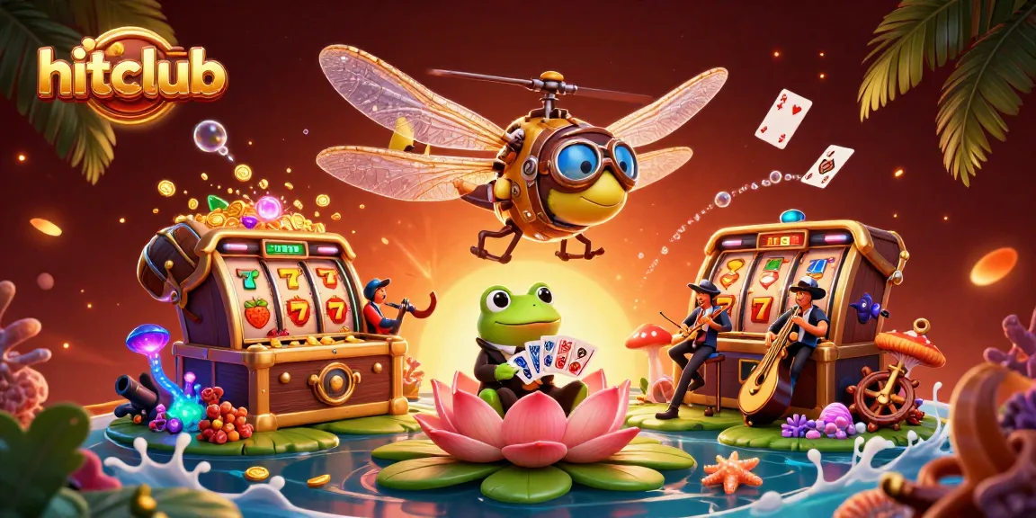 Engage in hitclub games with a lively dragonfly pilot and frog dealer in a vibrant casino scene.