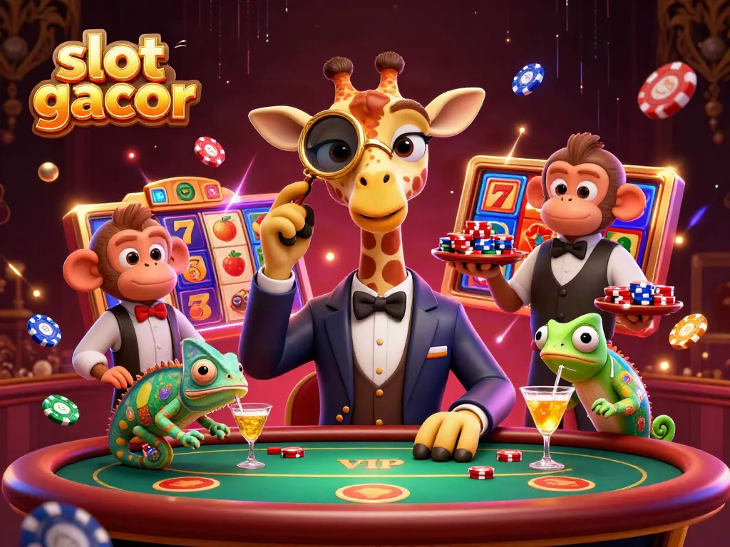 Engaging scene of high-roller giraffe and friends celebrating a winning slot gacor experience with vibrant casino elements.