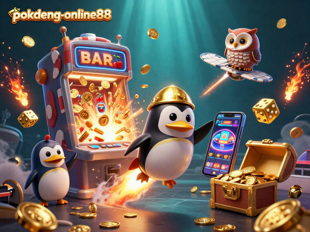 Experience thrilling moments with pokdeng-online88 featuring a stunning 3D golden penguin amidst vibrant casino elements.