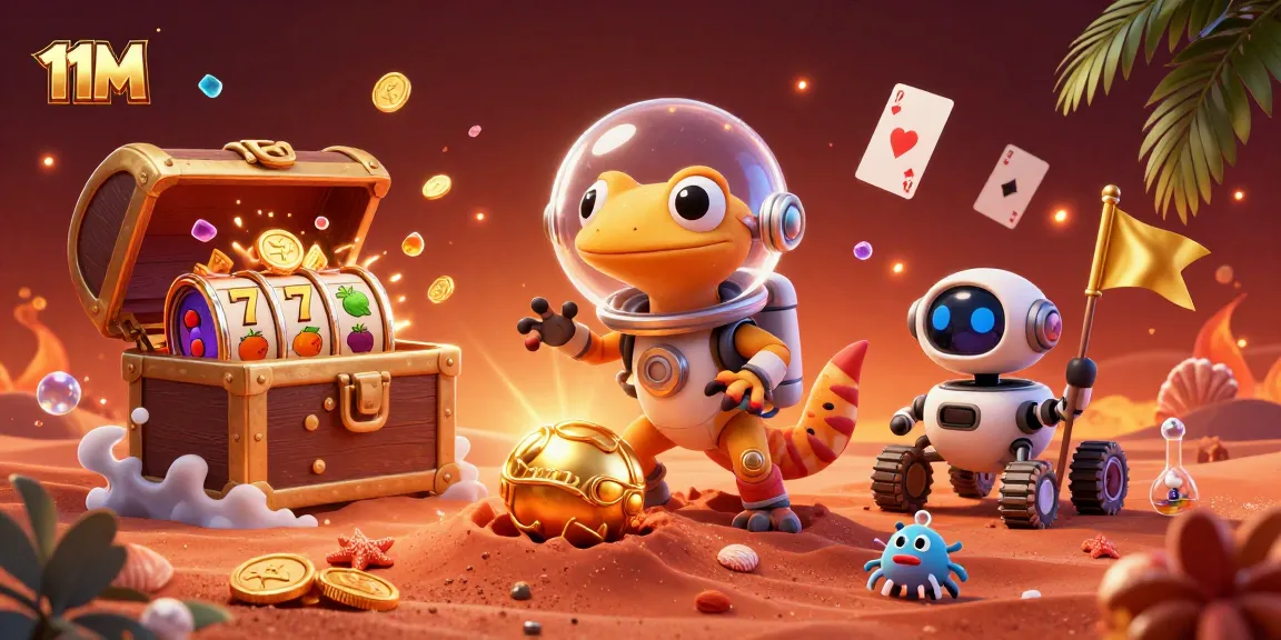 Experience thrilling wins with 11M in a vibrant casino scene featuring a Martian gecko and treasures.