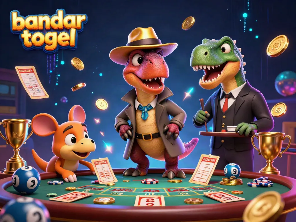 Exciting illustration of a velociraptor card counter and friends at a blackjack table in a vibrant bandar togel setting.