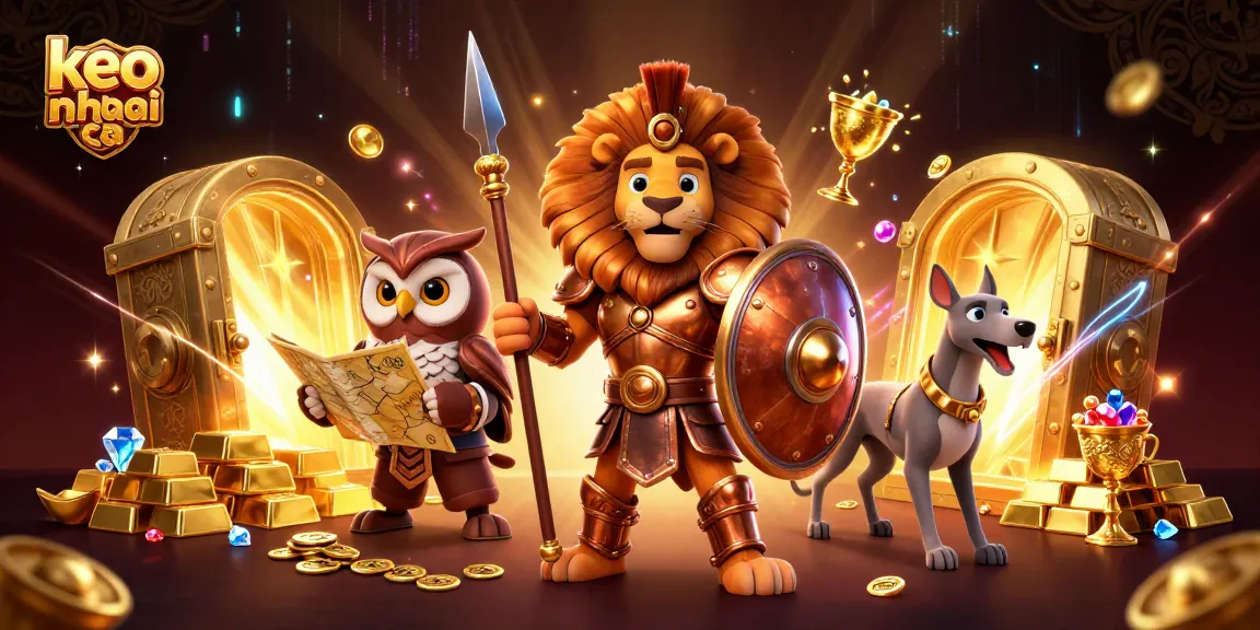 Engage in thrilling sports betting at keo nha cai with a dynamic 3D illustration of adventurous characters.