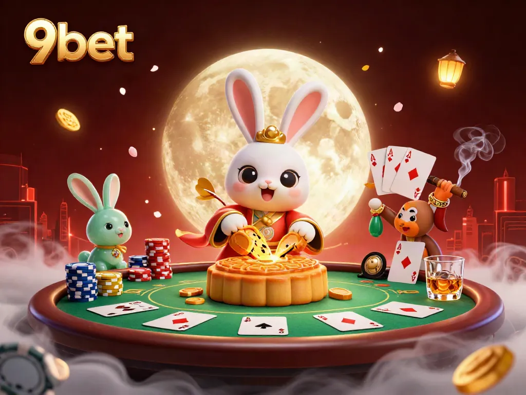 Play poker with 9bet's special edition featuring a moon rabbit cracking open mooncakes for chips.