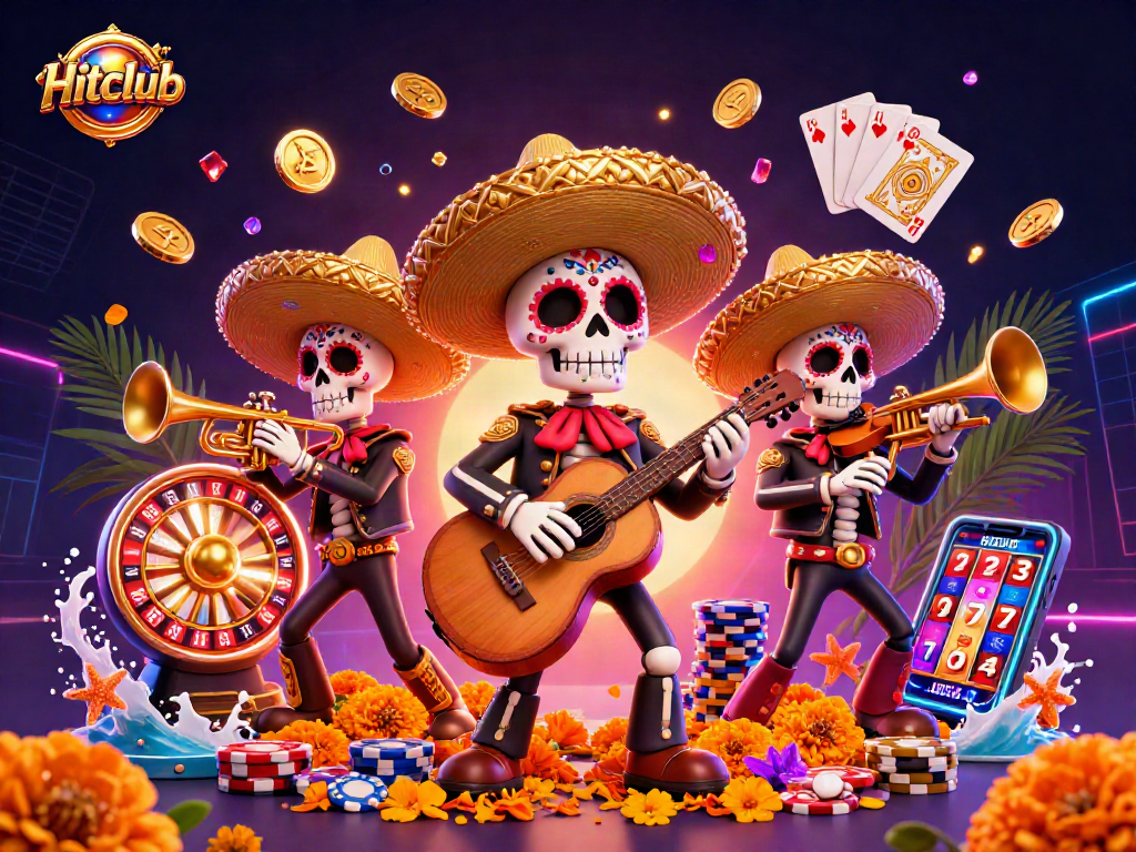 Hitclub illuminates a colorful casino scene with skeleton mariachi characters amidst golden coins and a roulette wheel.