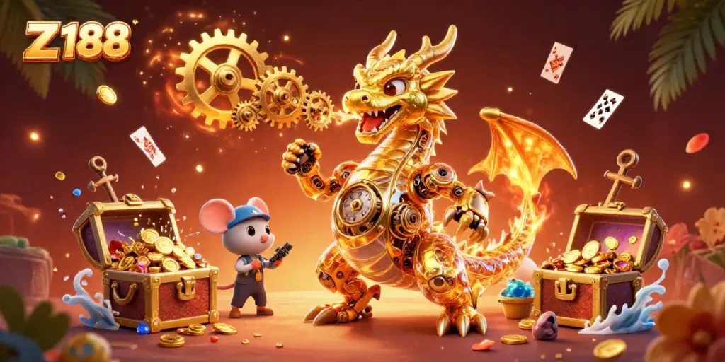 Engage in thrilling games at Z 188 with a golden dragon welcoming you to a treasure-filled adventure.
