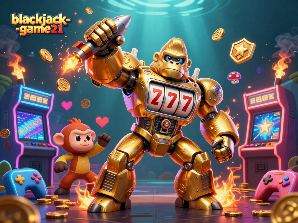 Engage in immersive gameplay with blackjack-game21's dynamic 3D illustration featuring a mechanical gorilla mech.