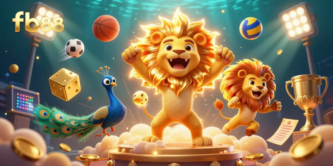 Engage in thrilling gameplay at fb88 with an electrifying 3D casino scene showcasing sports elements.
