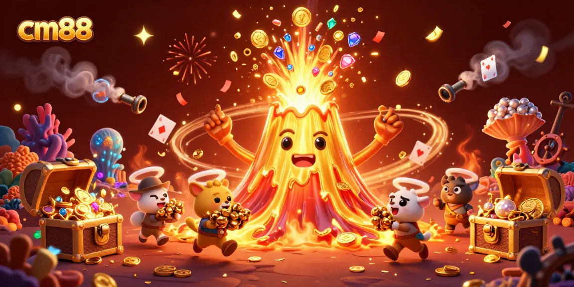 Experience exhilarating wins at cm88 with a 3D golden volcano erupting treasures in a vibrant casino scene.