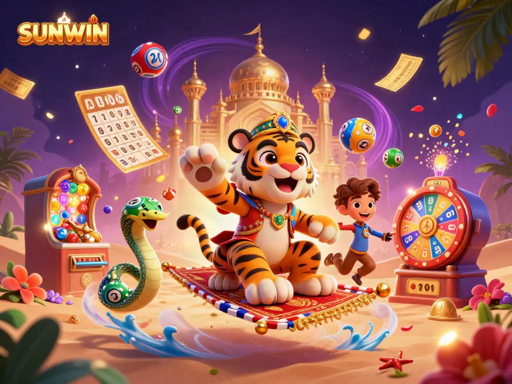 SUNWIN offers a vibrant gaming experience with an Arabian Nights-themed casino scene featuring colorful game elements.