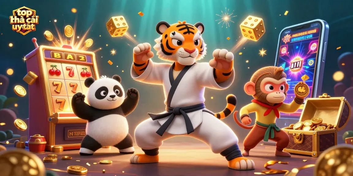 Experience top nhà cái uy tín with a playful scene of a kung fu tiger master and vibrant casino elements.