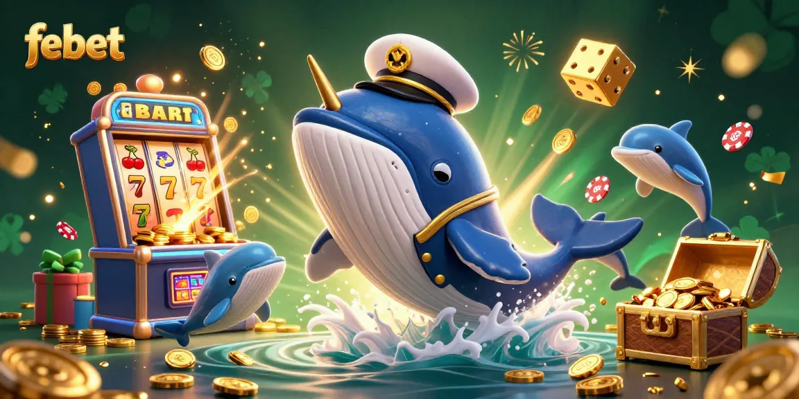 febet players celebrate big wins in a vibrant 3D casino scene featuring whales and coins.