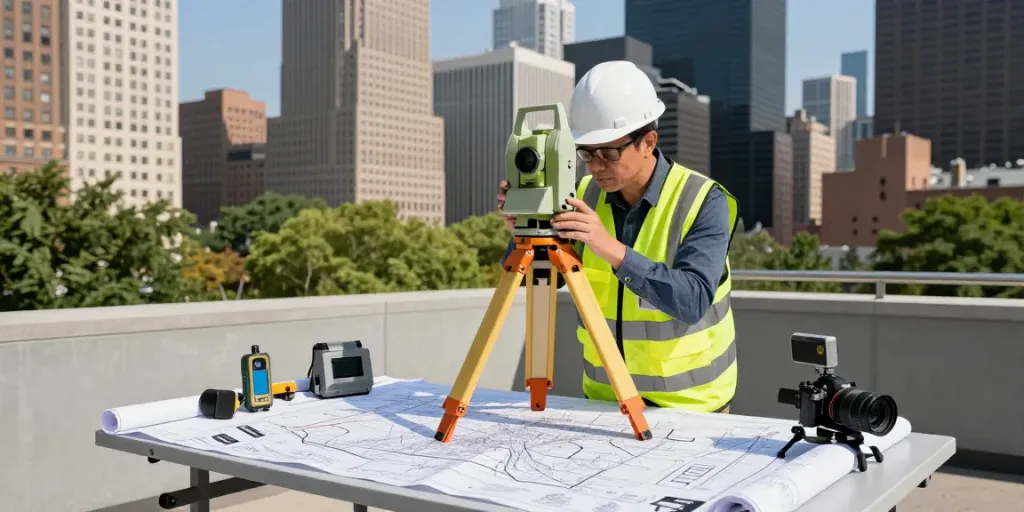 Topographical Surveyors London conducting precise measurements in an urban environment.
