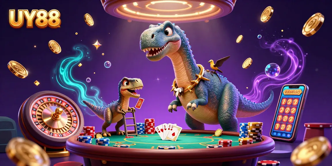Experience the thrill of UY88 with a vibrant 3D digital scene, showcasing a cartoon dinosaur and casino excitement.