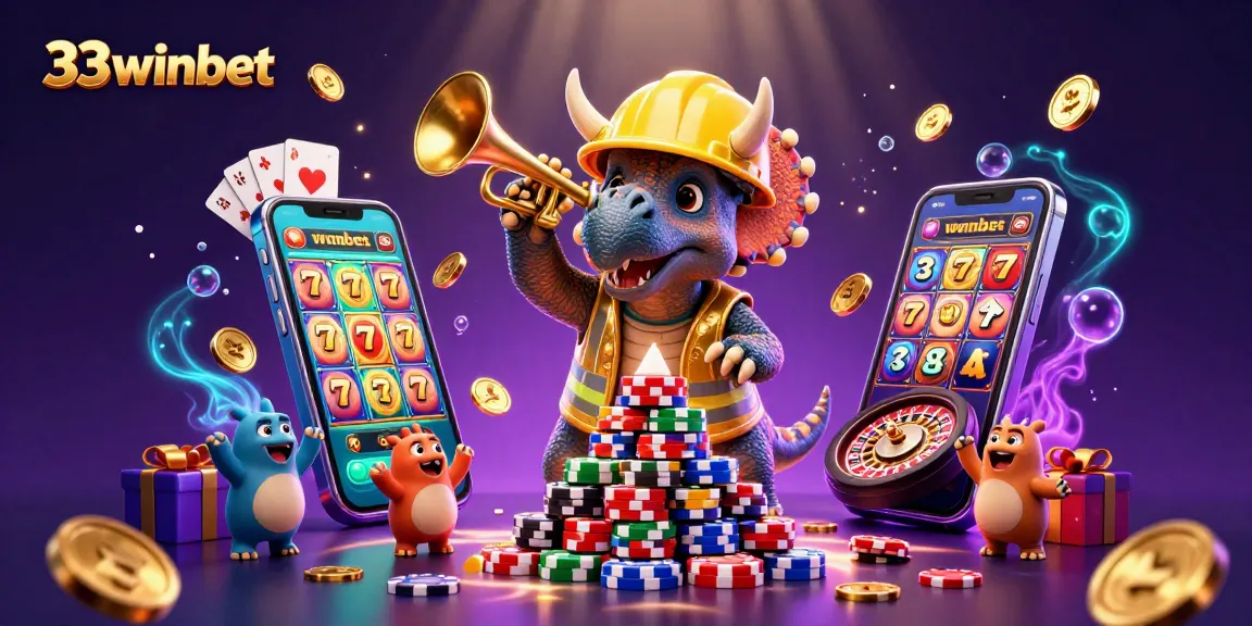 Join the fun at 33winbet with a 3D triceratops construction scene celebrating gaming!