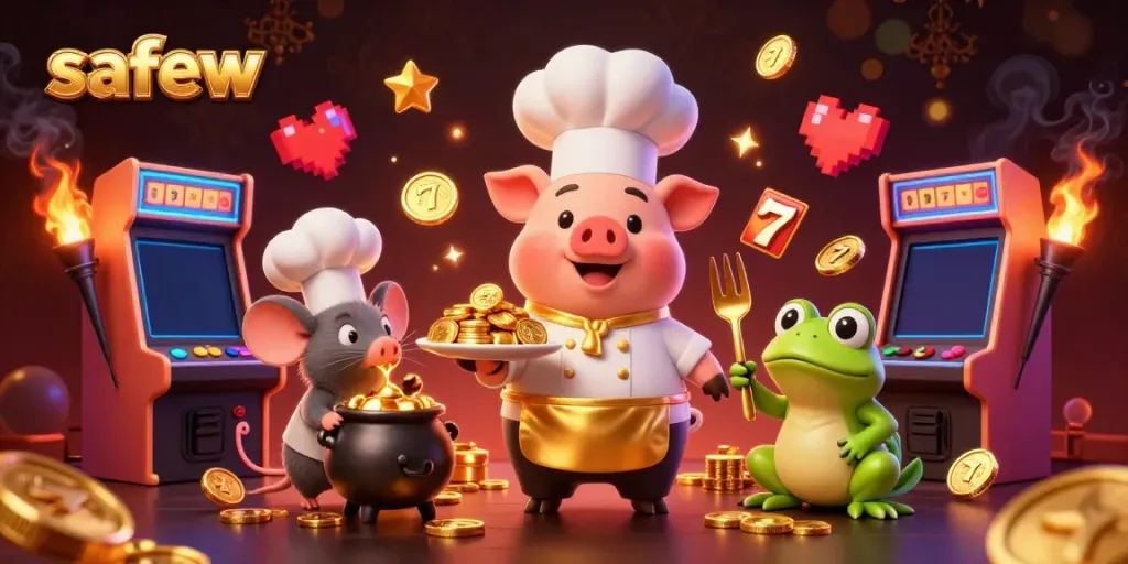 Engaging scene with a cartoon chef pig, sous-chef mouse, and food critic frog at a casino illustrating safew's innovative communication.