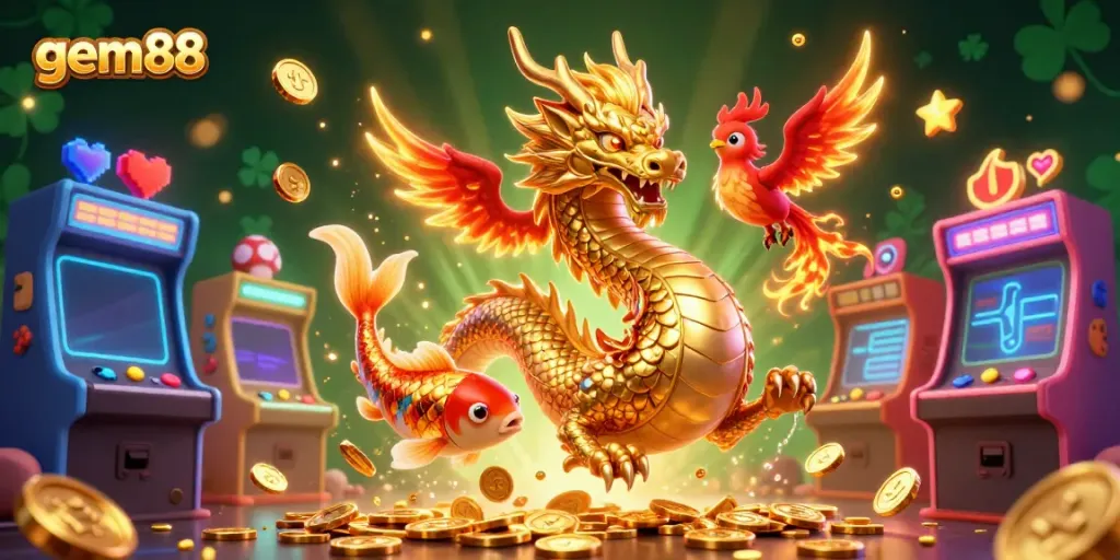 Experience the thrill at gem88 with a dynamic 3D illustration showcasing vibrant casino elements.
