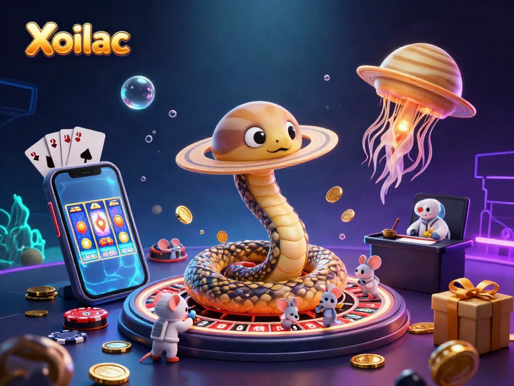 Xoilac excitement as cartoon snakes roll the roulette wheel, while mice bet amid vibrant casino elements.
