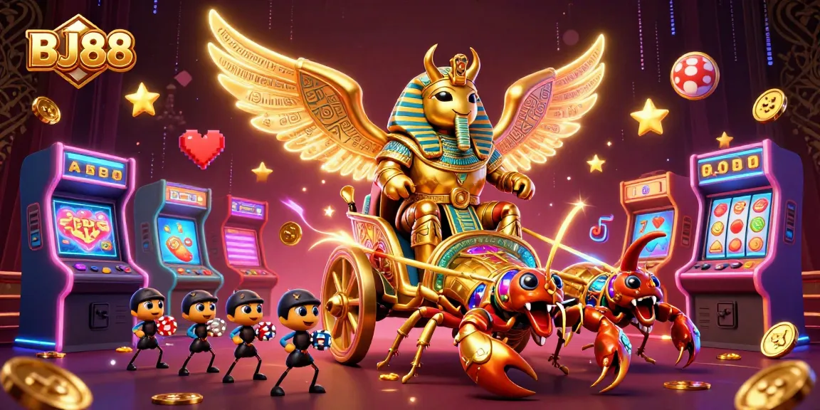 Experience the excitement of BJ88 with a vibrant 3D illustration of casino elements and characters.