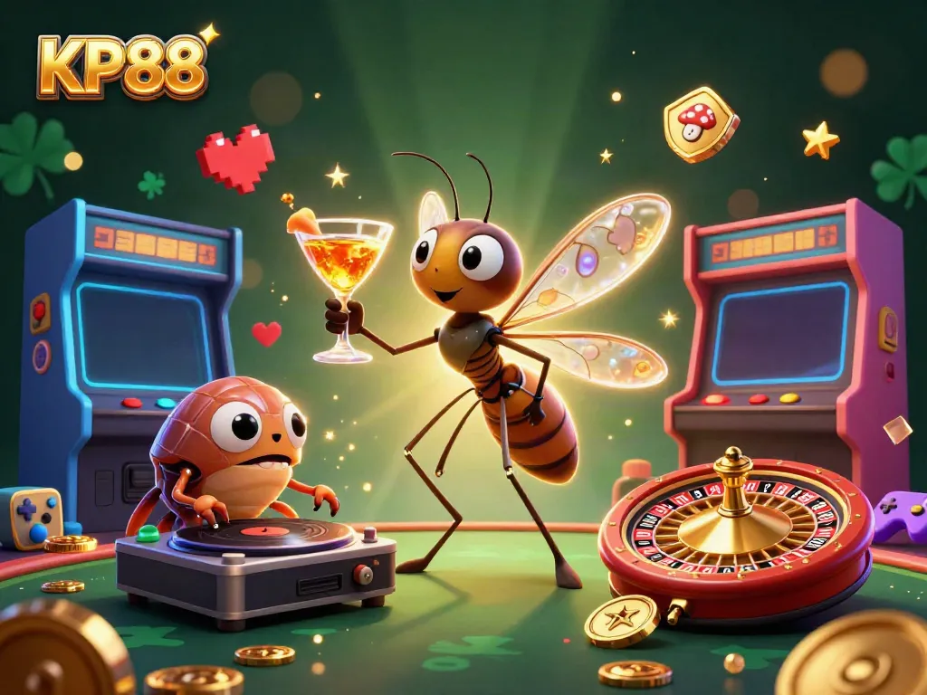 Experience the excitement of KP88 with a thrilling 3D casino illustration featuring a frozen mosquito mascot and dynamic gaming elements.