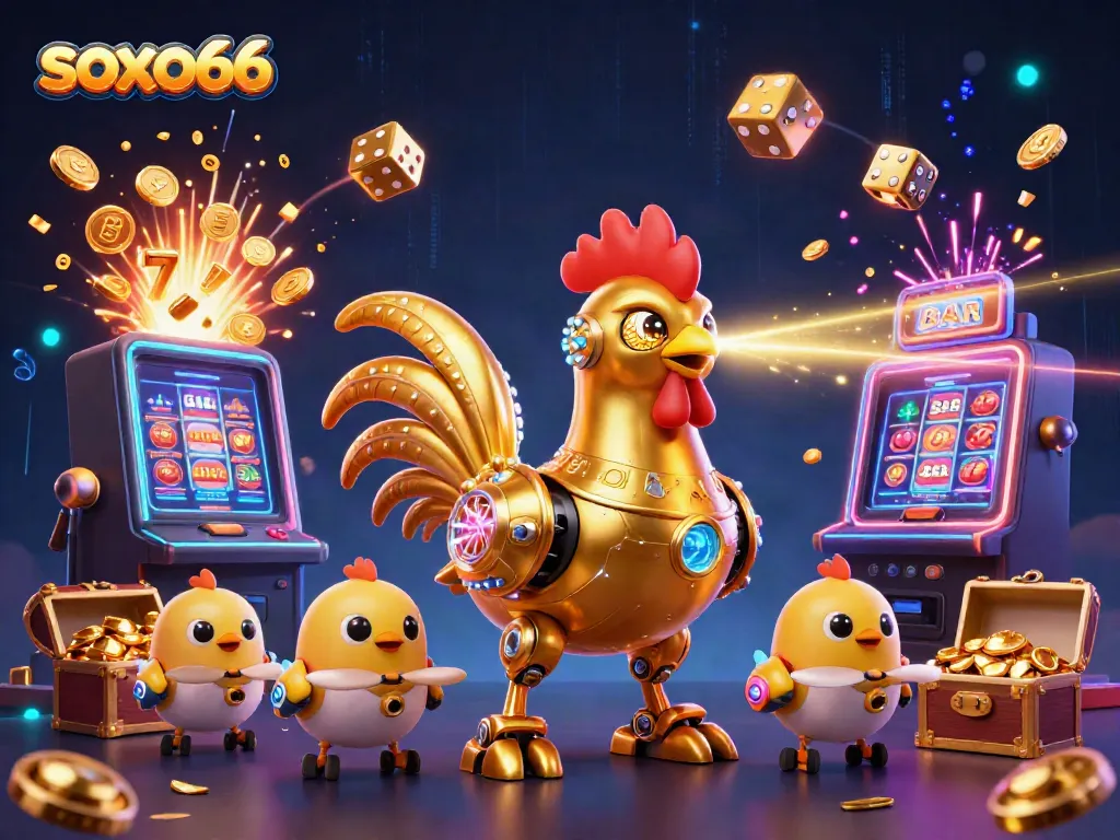 Soxo66 game scene featuring a golden rooster robot surrounded by slot machines and vibrant casino elements.