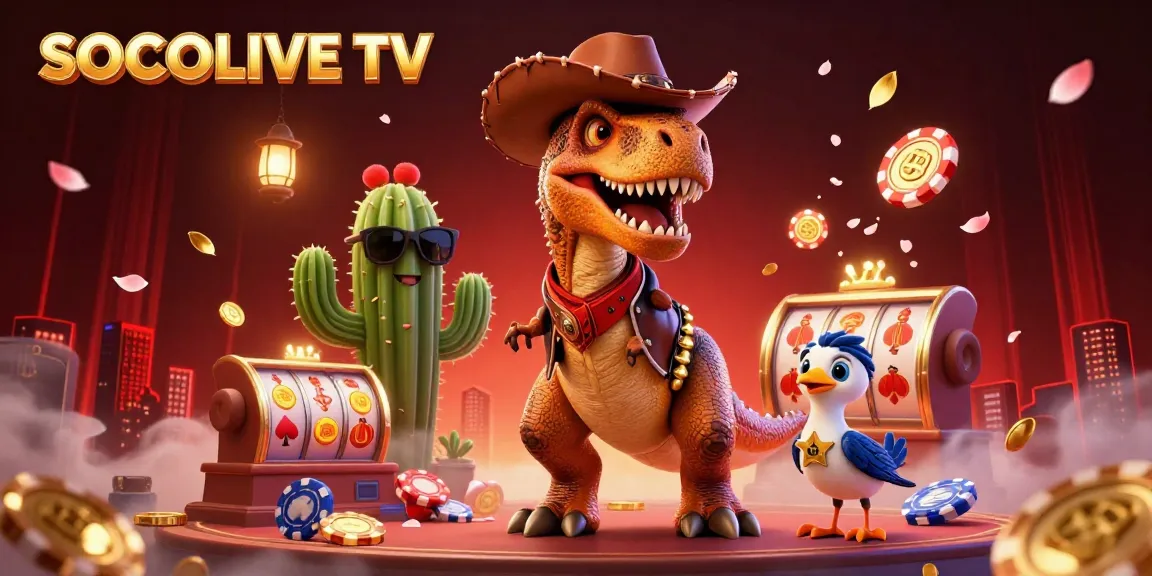 SOCOLIVE TV showcases a vibrant 3D gambling scene with cartoon characters amidst spinning slot reels, creating thrilling excitement.