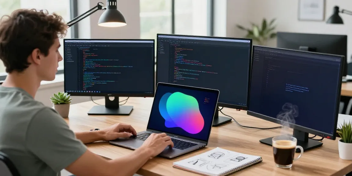 Focus on UK WordPress hosting in a modern workspace with dual monitors and coding setup.