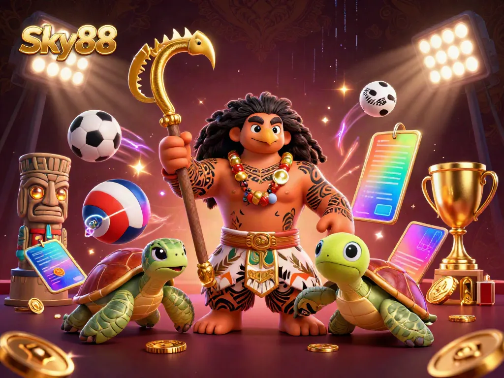 Experience exciting gameplay at Sky88 with vibrant casino elements and a dynamic cartoon scene.
