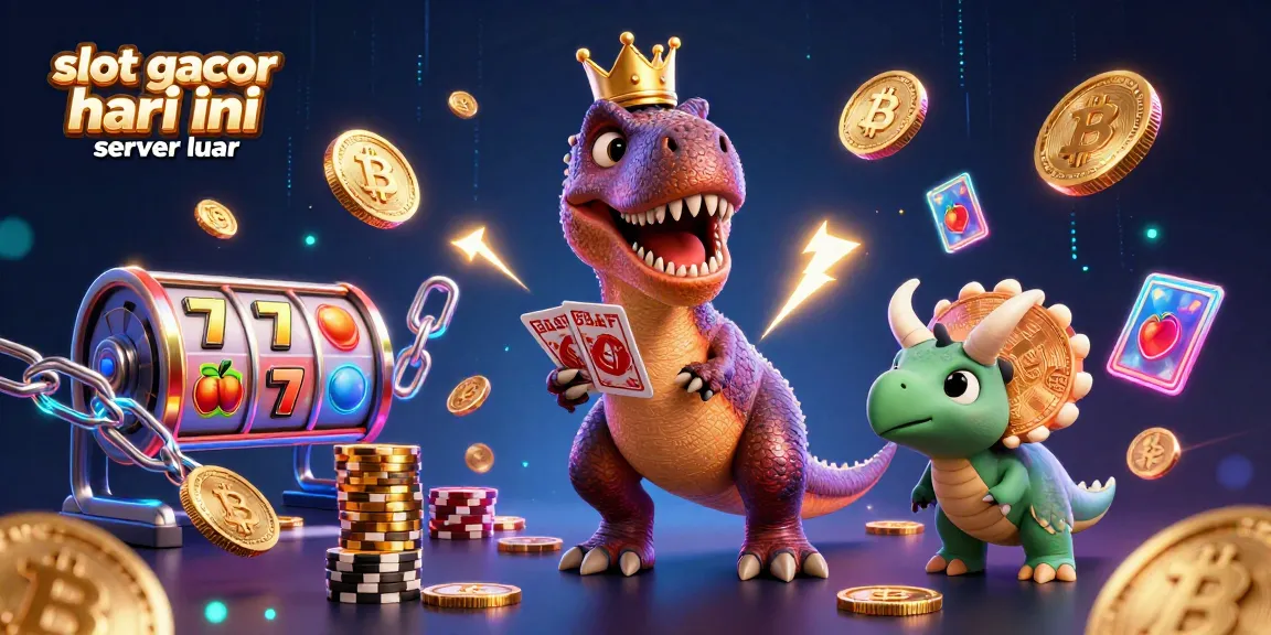 Engage with slot gacor hari ini server luar through a dynamic 3D scene featuring T-Rex shuffling cards and vibrant casino elements.