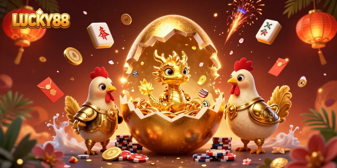 LUCKY88 showcases a golden dragon amidst poker chips in a vibrant casino scene.