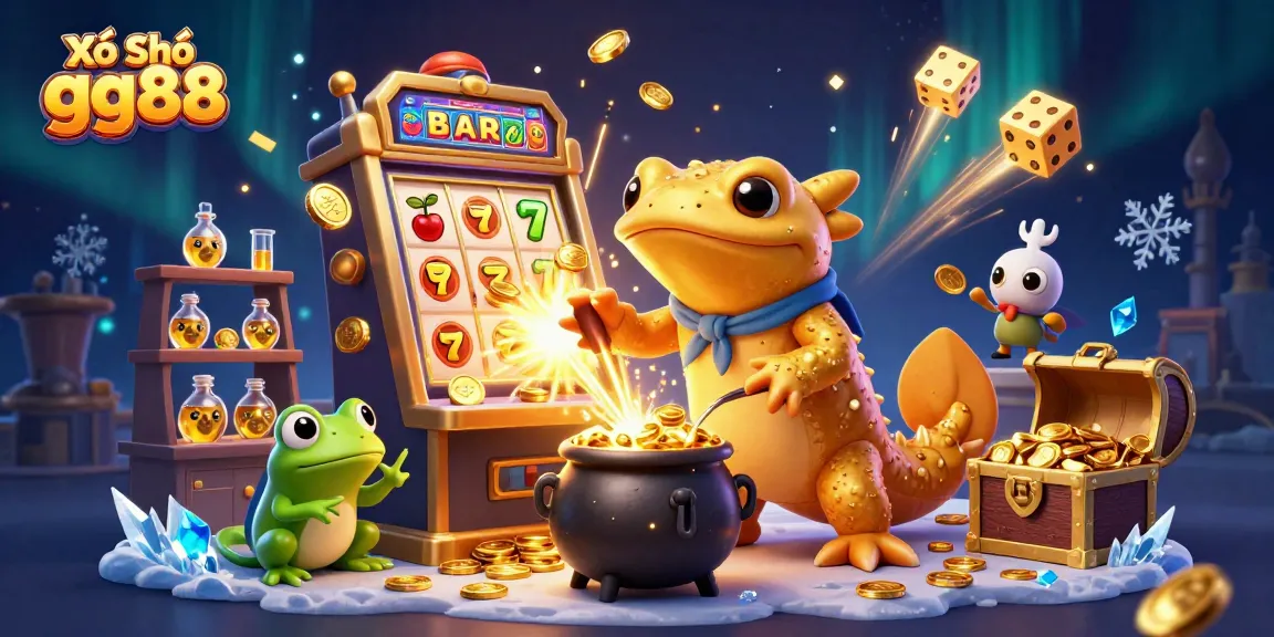 Xổ Số gg88 showcases a vibrant scene with a golden salamander alchemist, lucky symbols, and rich gold elements.