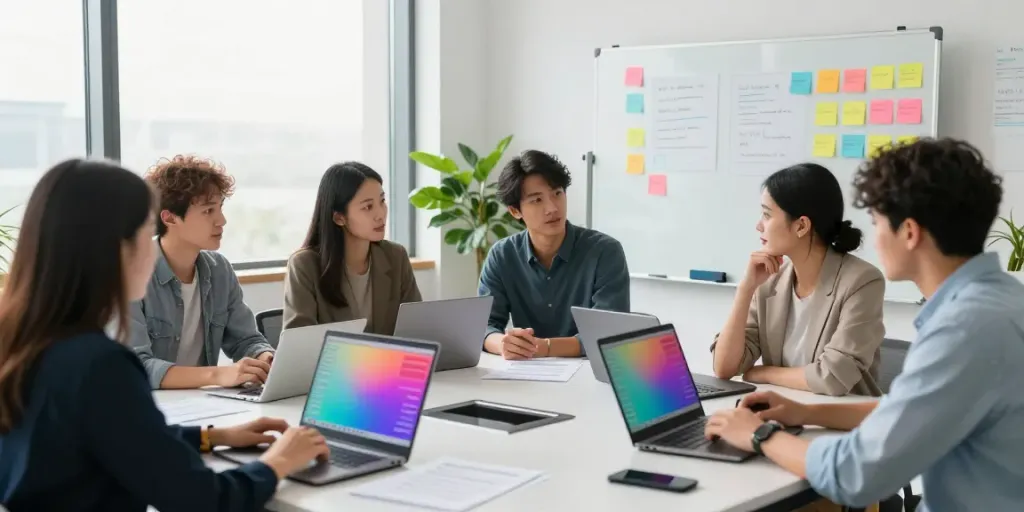 Marketers collaborating on instant indexing strategies in a modern office