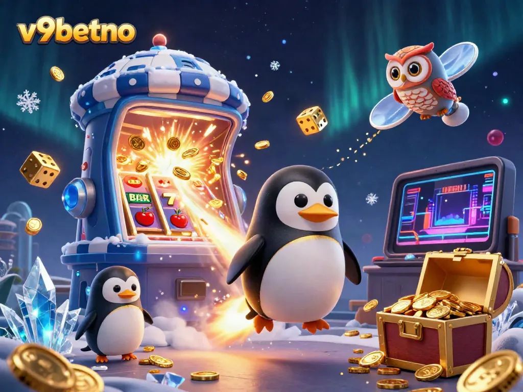 Experience the thrilling adventure of v9betno with a rocket-powered penguin, colorful casino elements, and golden coins in space.