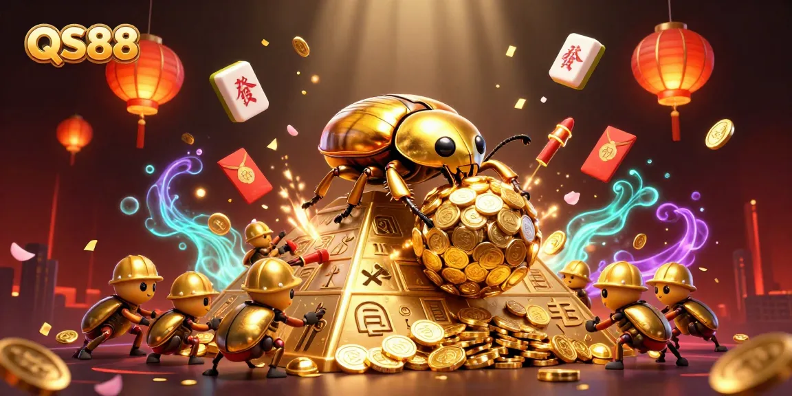 Experience the excitement of QS88 with golden beetles and casino symbols amidst a vibrant scene.