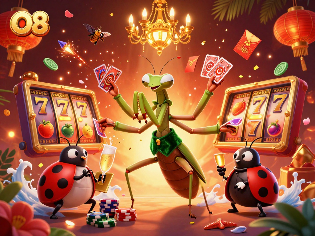 Experience thrilling gaming action at O8 with vibrant characters and slot elements, all captured in stunning detail.