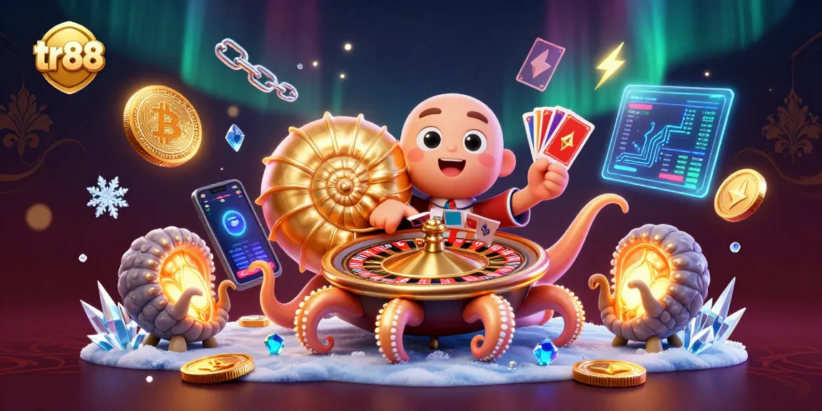 Engage with tr88 in a vibrant, bustling casino scene featuring a giant nautilus and crypto elements.
