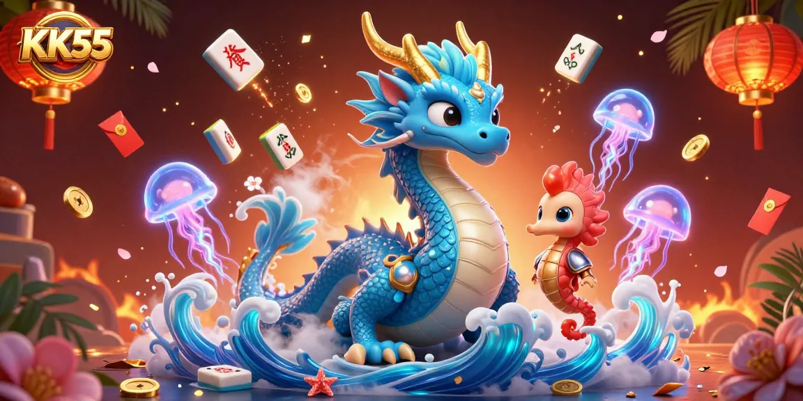 Join the adventure with KK55, featuring a dragon and seahorse in a vibrant casino-themed illustration.
