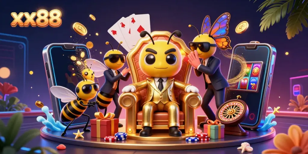 Engage with exciting xx88 game elements featuring a cartoon bumblebee mob boss in a casino-themed scene.