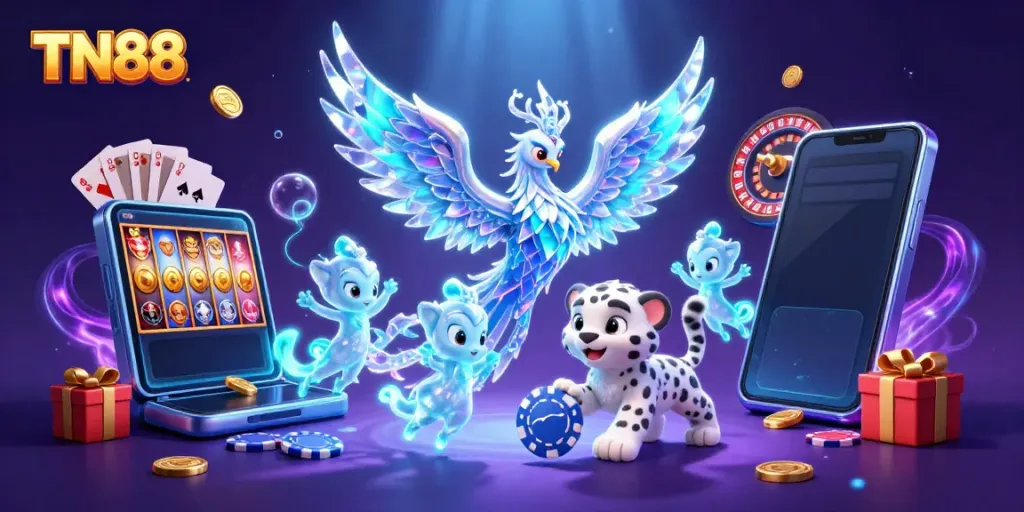 Play with TN88's vibrant casino elements, featuring a whimsical ice phoenix and magical ice sprites