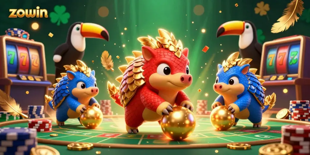 Zowin showcases an exciting casino scene with rival pangolins engaging in a playful game among stacks of poker chips.