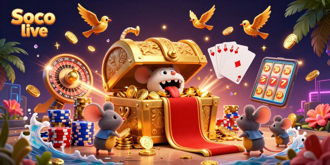 Soco live invites players to immerse in dynamic gambling with an enticing treasure chest, sparkling gems, and roulette.